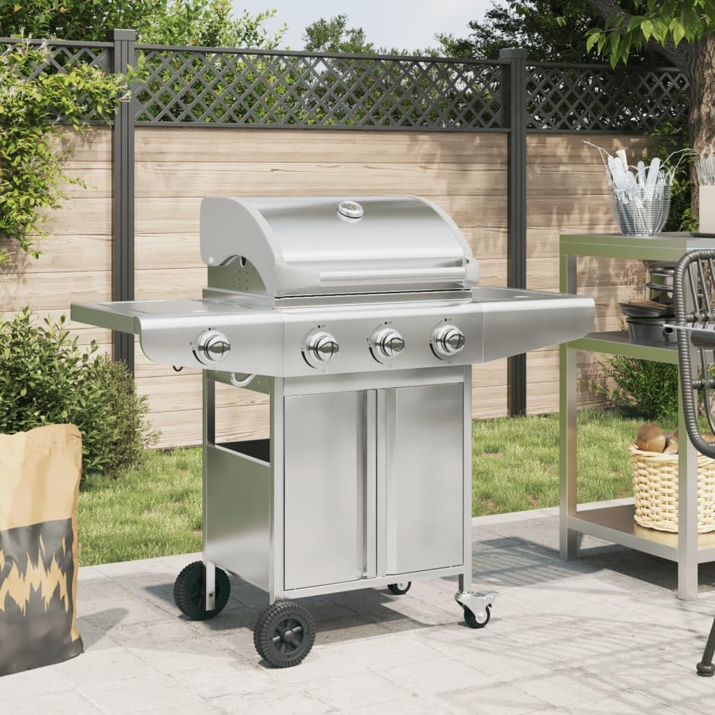 Mokuyary Barbecues au gaz naturel, 12,8 kW, acier inoxydable, acier chromé, argenté, Chariot à Barbecue pour Terrasse