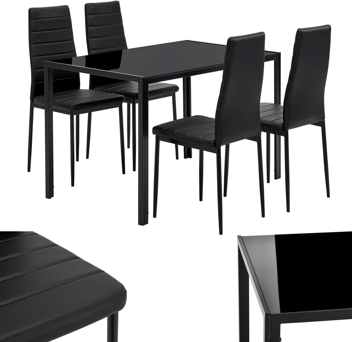 chaise Juskys, 120 x 70 cm, Noir, Ensemble Table à Manger Dalya ( ) avec 4 s rembourrées, Plateau en Verre Solide
