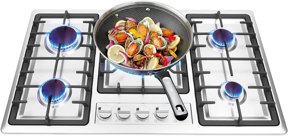 table de cuisson EasegantEl, Argent/Noir, Plaque de cuisson à gaz 5 feux, plan de travail encastrable, plaque de cuisson en acier inoxydable