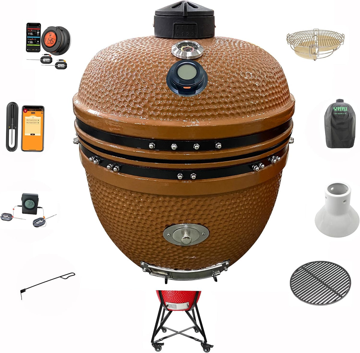 YNNI KAMADO barbecue à charbon, Rose/Or, Cast Iron Grate et Kickash Panier TQTT25RG