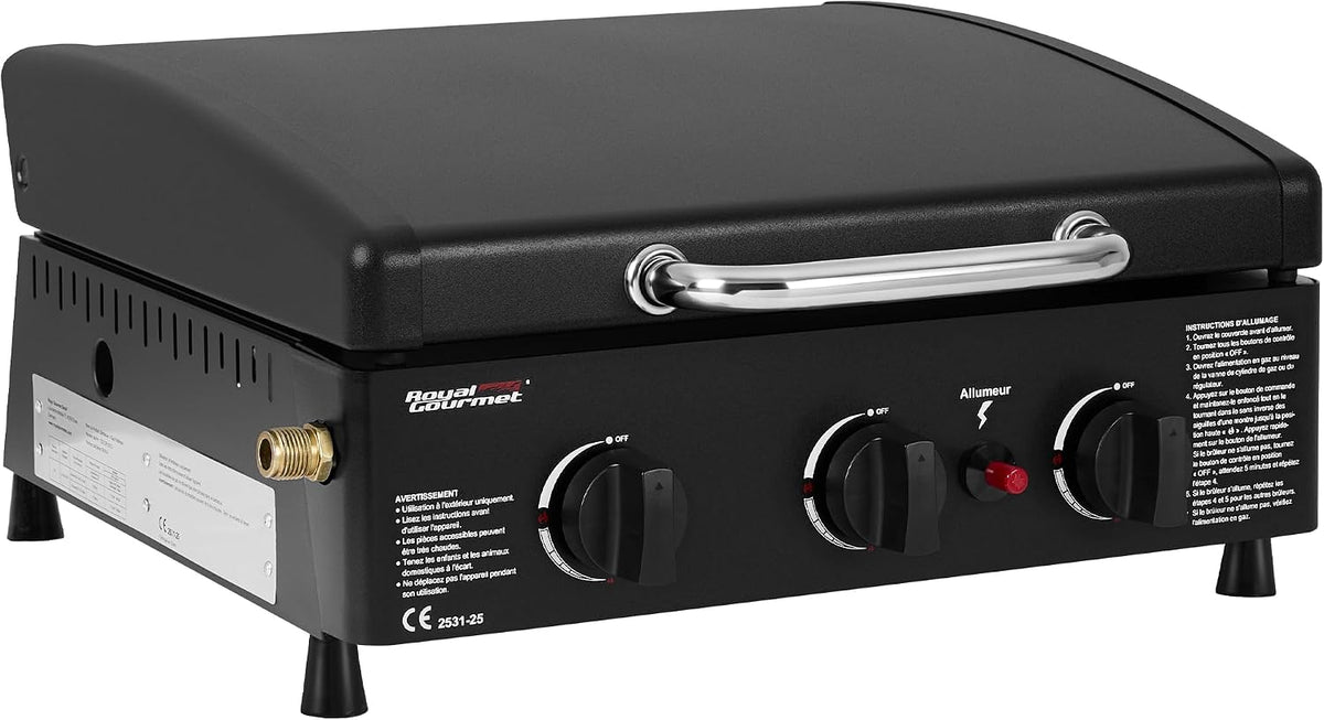 table de cuisson Royal Gourmet, 2,5 KW, Noir, Barbecue à Gaz avec 3 brûleurs, Plancha à Gaz Exterieur avec Plaque de Cuisson Émaillée