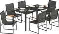 chaise Outsunny, Noir, Ensemble de Salle à Manger d'Extérieur 7 Pièces pour 6 Personnes, Table en Verre et s avec Accoudoirs Décoratifs