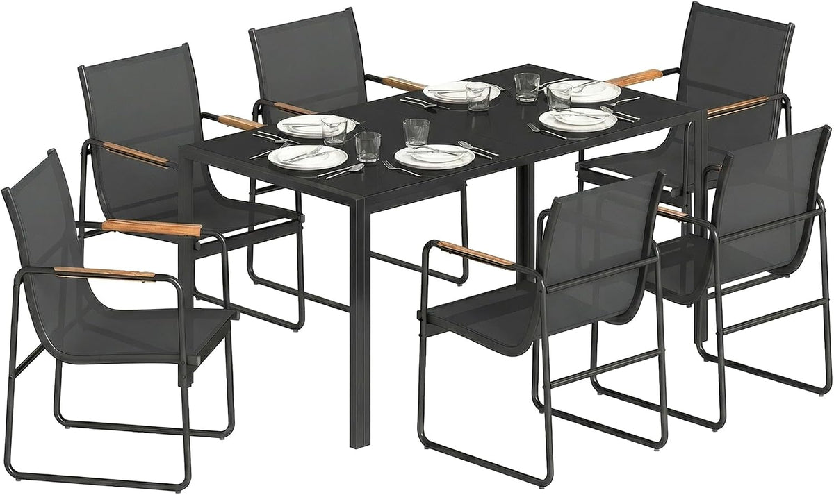 chaise Outsunny, Noir, Ensemble de Salle à Manger d'Extérieur 7 Pièces pour 6 Personnes, Table en Verre et s avec Accoudoirs Décoratifs