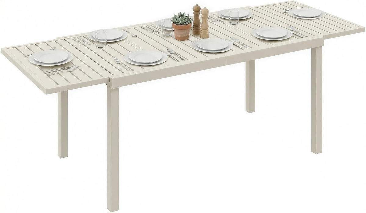 table à manger Outsunny, 225 cm, Blanc, Table de Jardin Extensible 150- pour 6-8 Personnes, Extérieur en Aluminium Robuste avec Plateau à Lattes