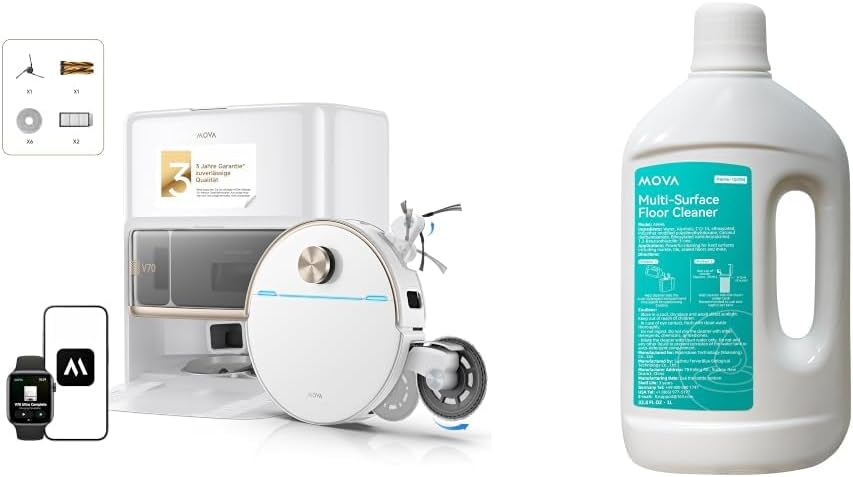 MOVA robot aspirateur, 300 TR/Min, 9 cm, Noir, V70 Ultra Complete X Laveur Complet avec Liquide de Nettoyage