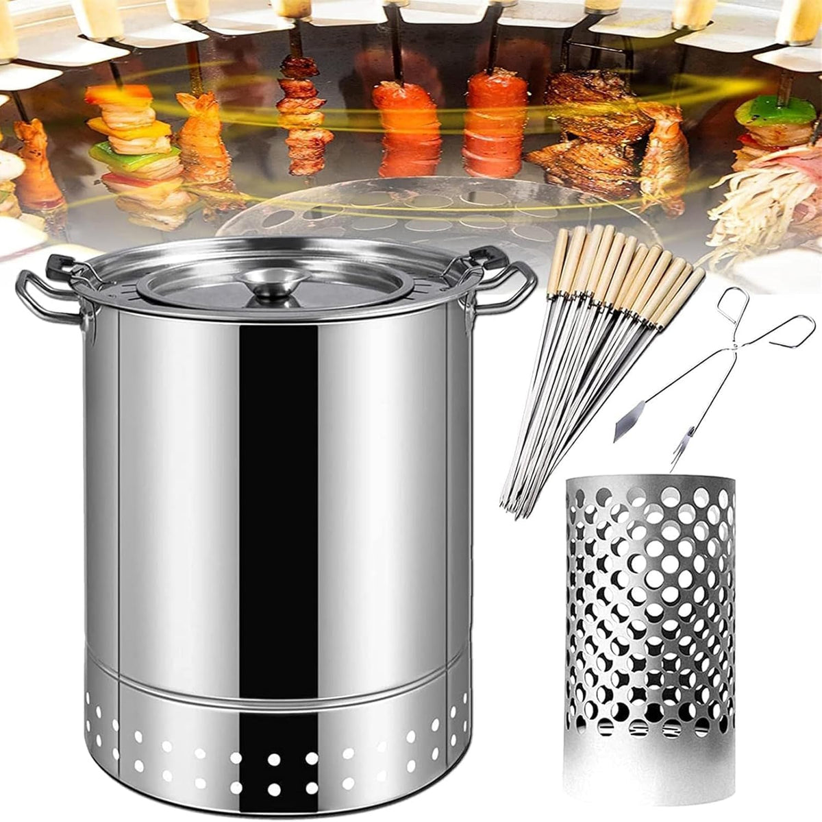 fumoir, Argent, vertical à charbon avec poêle suspendu pour barbecue de camping
