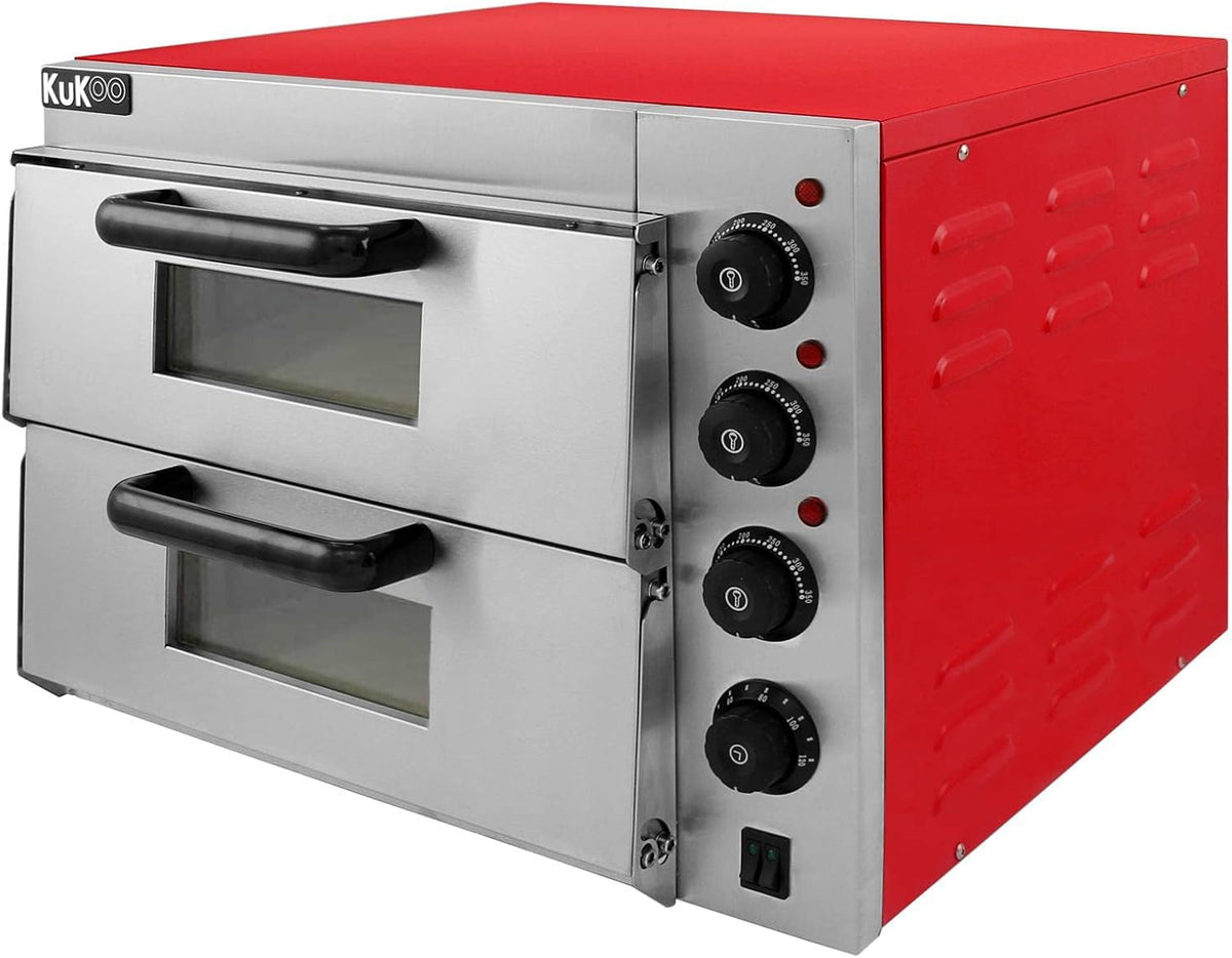 KuKoo Fours à pizza, 40 cm, Rouge/Argent/Noir, - Four électrique professionnel à double étagère pour pizza