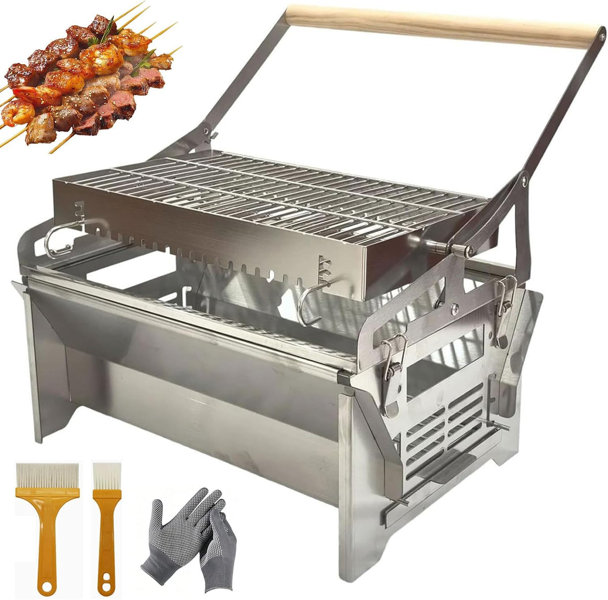 Grill barbecue à charbon, Acier inoxydable, Argent/Bois, Barbecue Rotatif à 360°, Barbecue Basculant en Acier Inoxydable avec Brosses et Gants