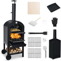 COSTWAY four à pizza, Noir, Extérieur au Charbon, Mobile avec Pelle, 5 Support, Couteau Cheminée et Thermomètre Double