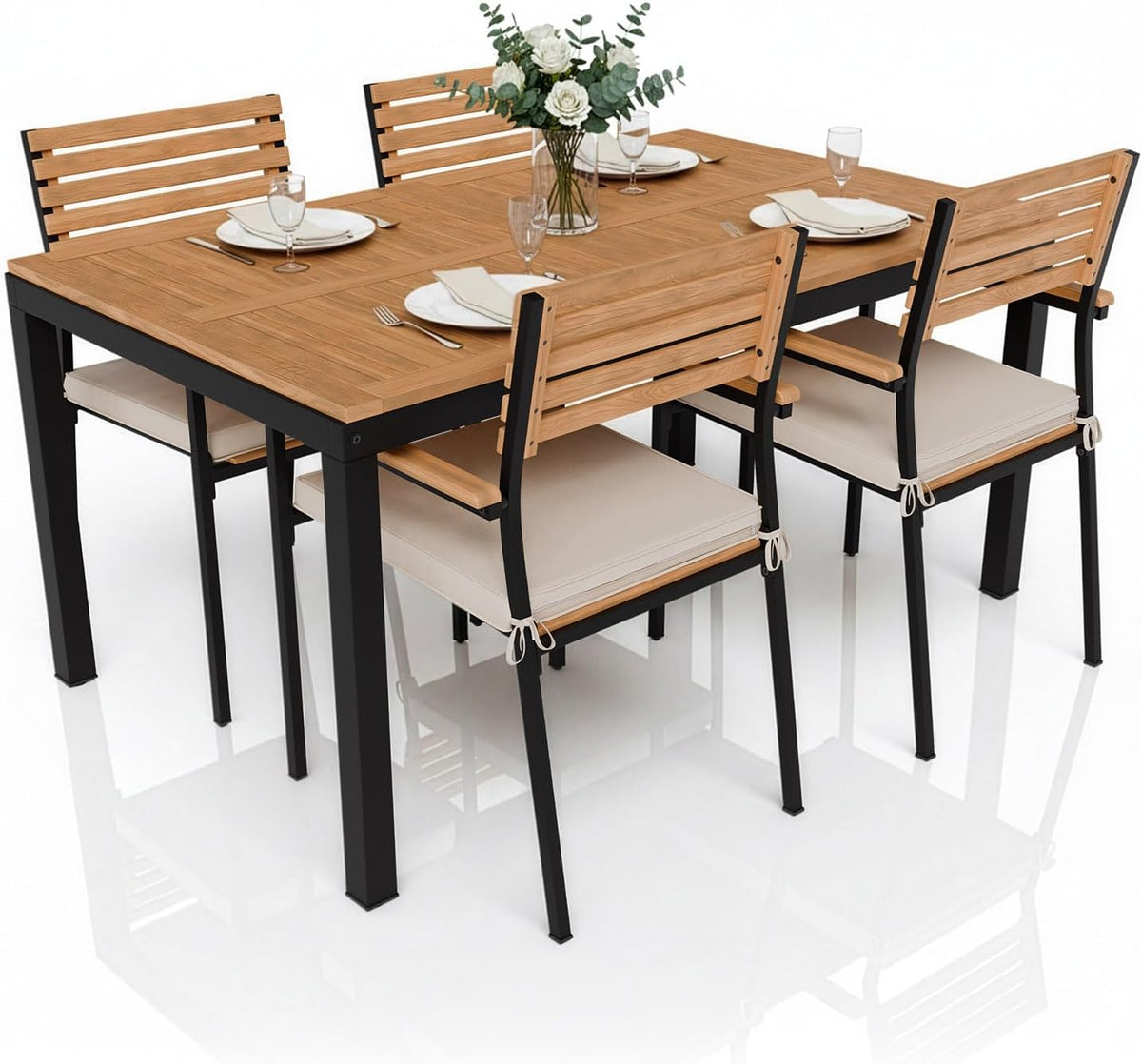 chaise Juskys, Bois Naturel/Noir/Beige, Salon de Jardin en Bois d'acacia Rhodos - Table, 4 s & Coussins - Mobilier de Jardin en Bois