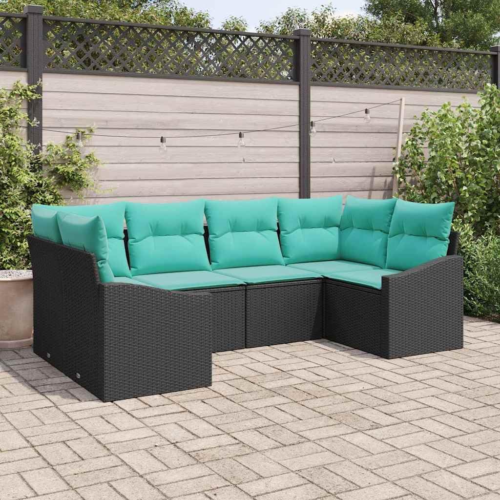 mzdioop Ensemble salle à manger, Noir/Turquoise, Lot de 6 meubles de jardin en polyrotin avec coussins, terrasse