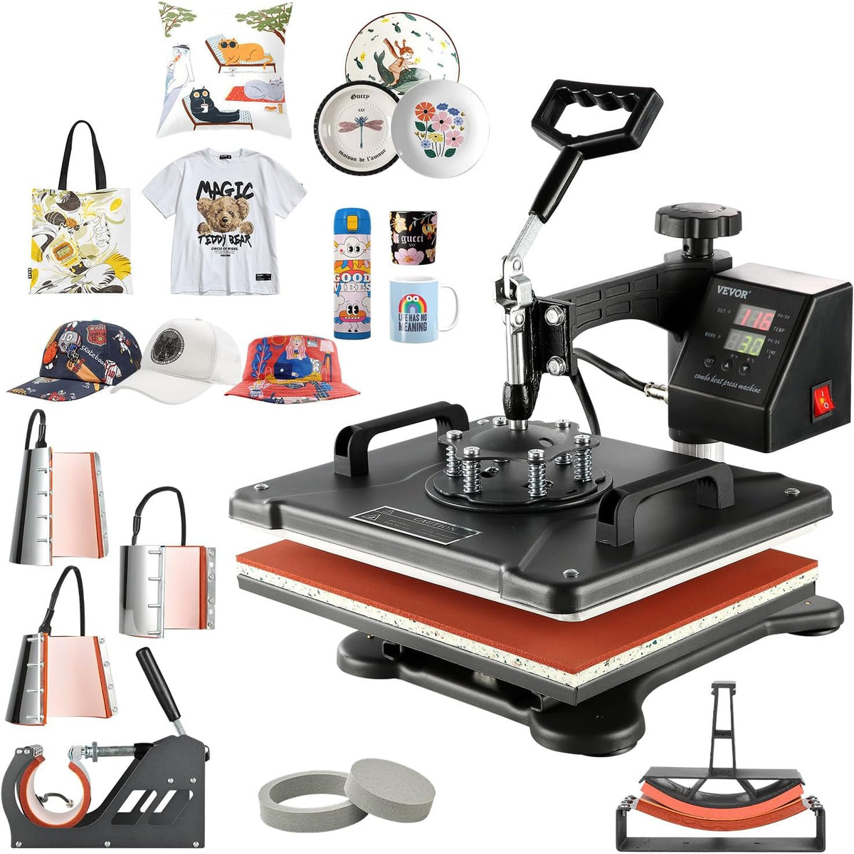 VEVOR Kits de transfert, 42x38x36 cm, 1250 W, 29x38 cm, Noir, Presse à Chaud Numérique 8 en 1, Machine de Sublimation Textile avec Plaque Chauffante
