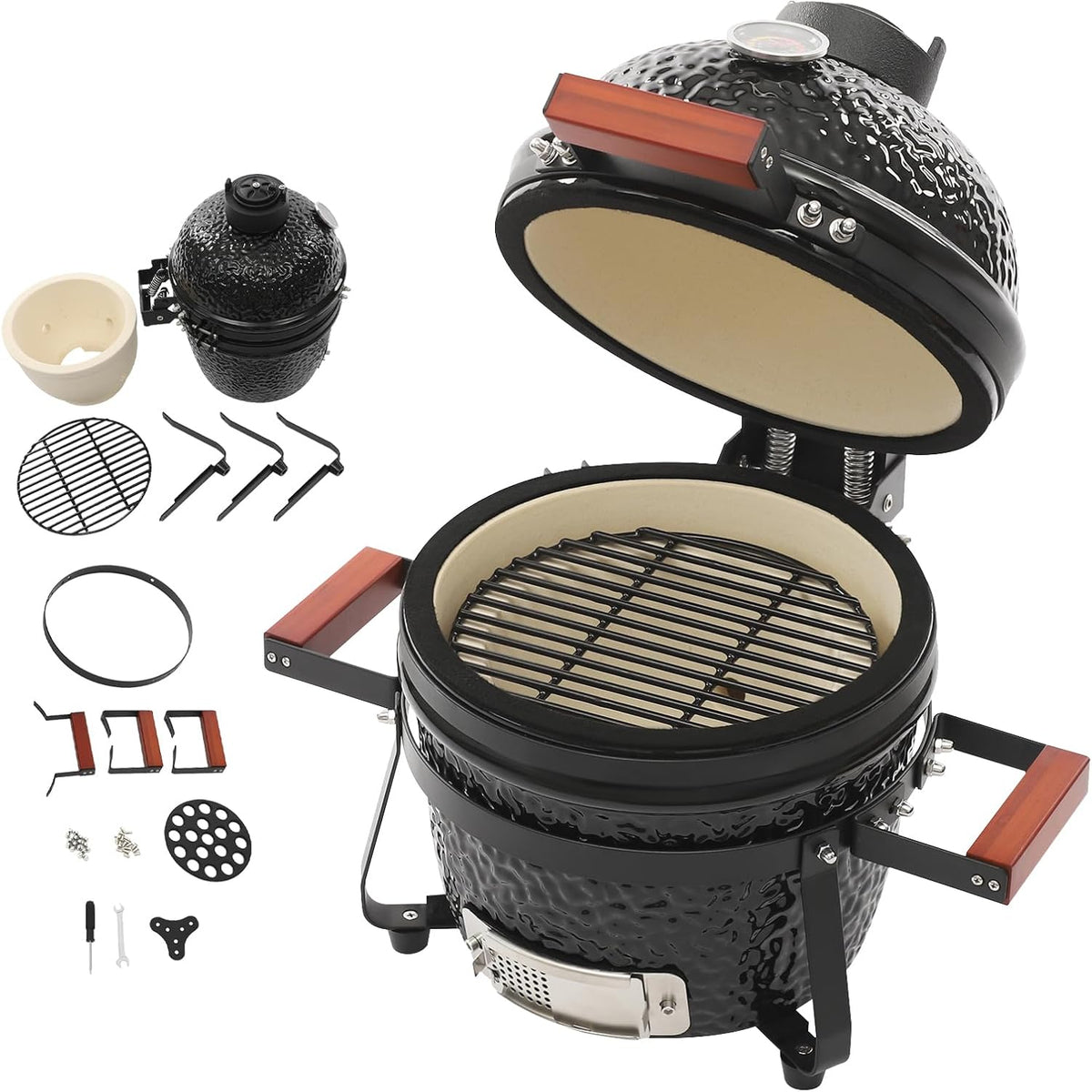ROGONPDK barbecue à charbon, 33 cm, céramique, acier inoxydable, bambou et fonte, noir., Barbecue au charbon de bois en céramique