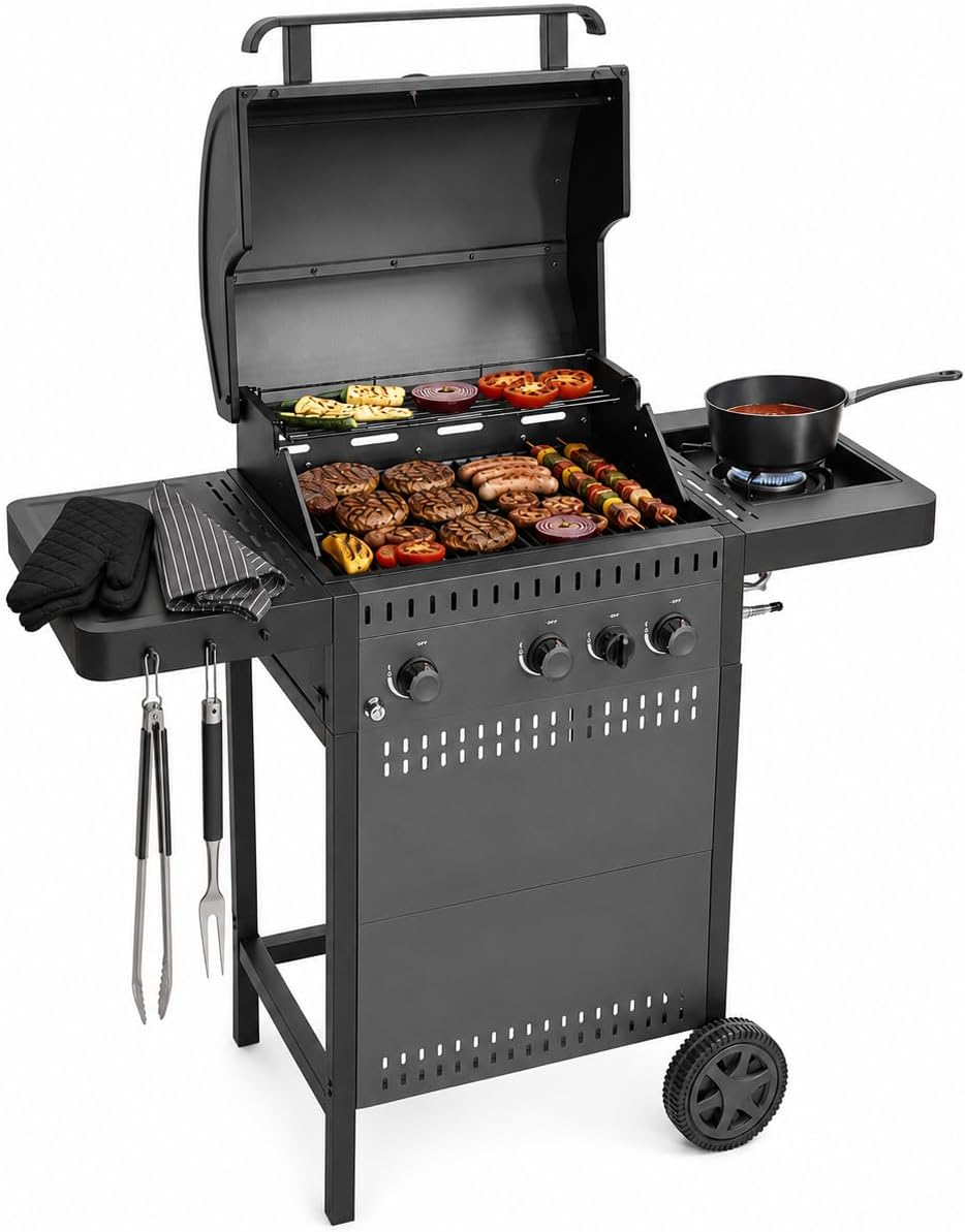 Amig Barbecues au gaz naturel, 117 x 55 x 110 cm, 54 x 38 cm, Noir, tablettes latérales, roues et grille en fonte