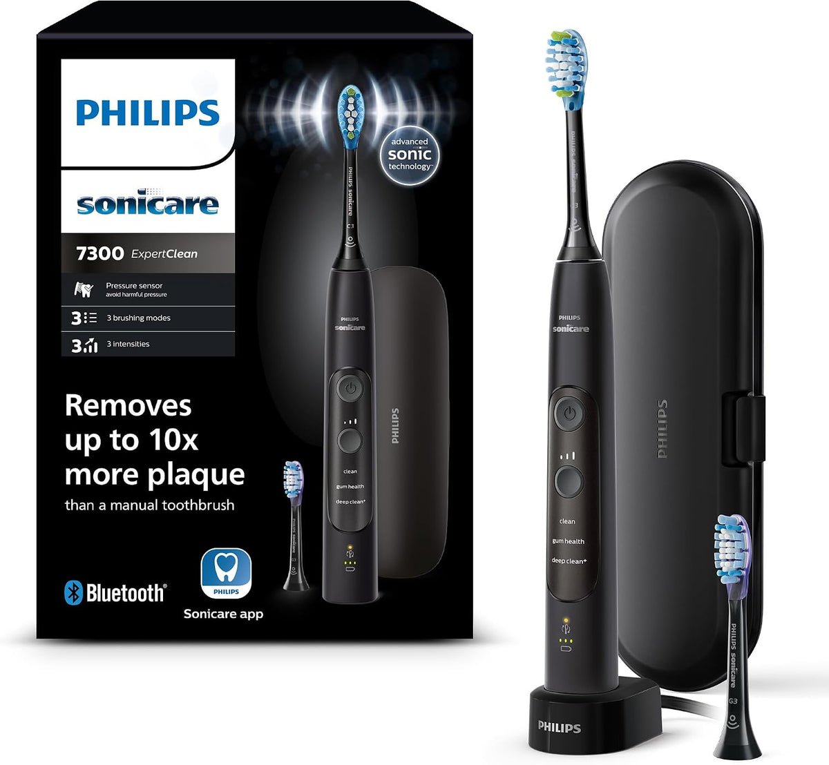 PHILIPS Soniques, Noir, Sonicare ExpertClean 7300, Brosse à dents électrique sonique avec application, 3 modes de brossage et 3 niveaux d'intensité