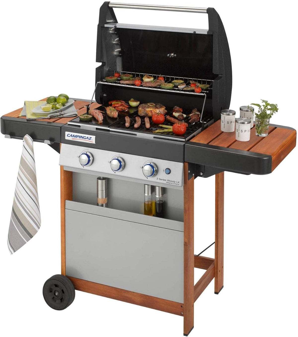CAMPINGAZ plancha, 9,6 kW., Noir/Argent/Marron, BBQ à Gaz 3 Series LX Woody, Barbecue à Gaz en Acier Inoxydable à 3 Brûleurs