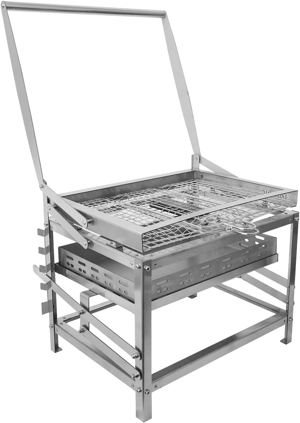 Barbecue barbecue à charbon, Argent, à charbon portable, Fumoir multifonction avec hauteur réglable, rotation à 360° et plateau à charbon à 4 niveaux