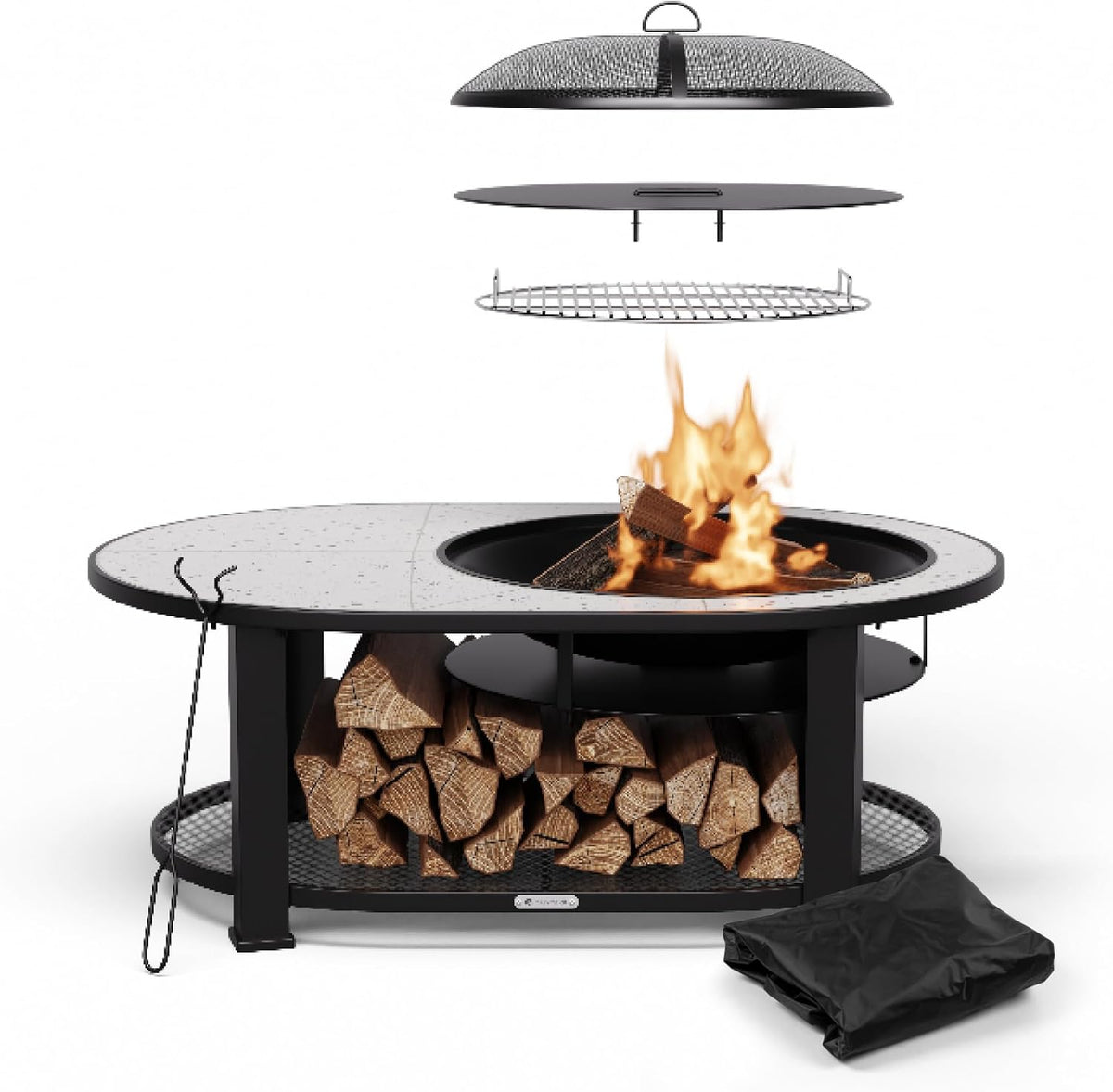 blumfeldt braséro, Noir/Gris, Merano Circolo L Brasero Exterieur - 3-en-1 Brasero, Barbecue & Table, Plateau Terrazzo