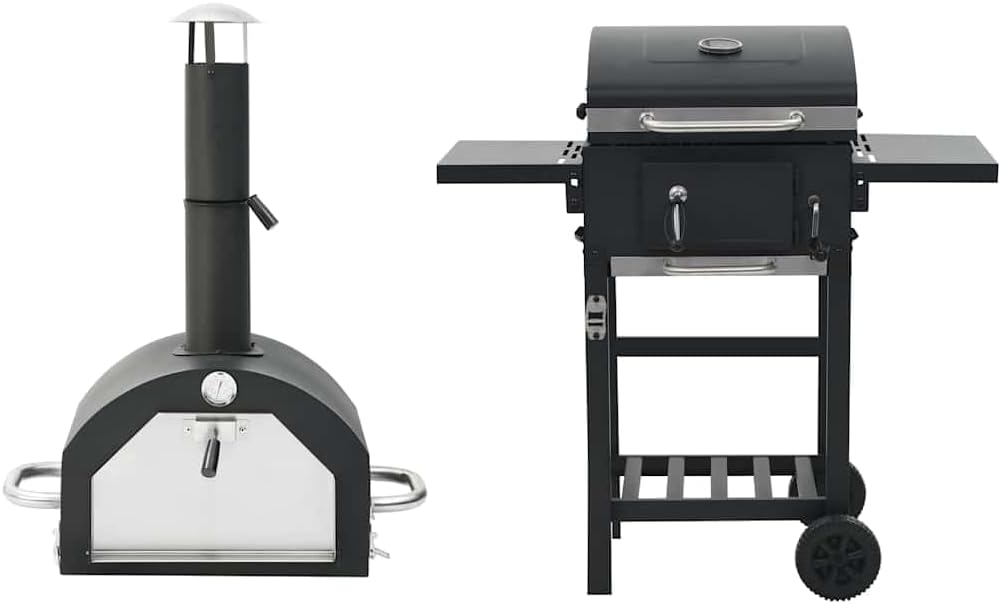 GeenYuu four à pizza, acier revêtu par pulvérisation., noir., tables d'appoint pliables, thermomètre, roues pour jardin et camping