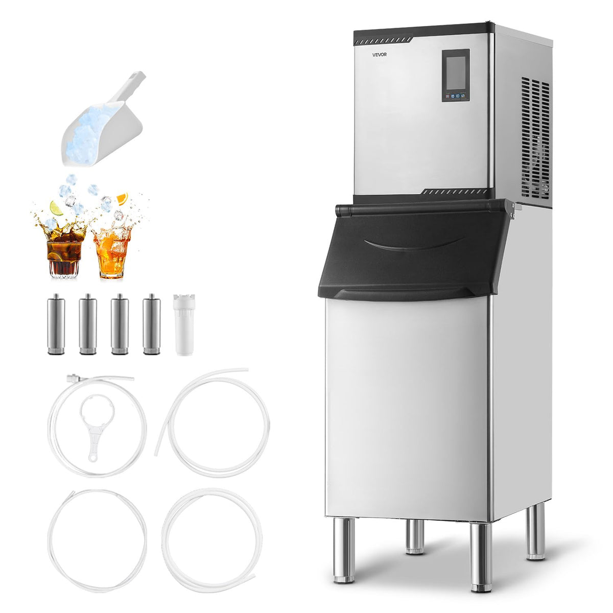 VEVOR machine à glaçons, 136 kg, Argenté, Commerciale Autonettoyante, Rendement /24 h, Bac de Stockage en Acier Inoxydable de et Écran Tactile