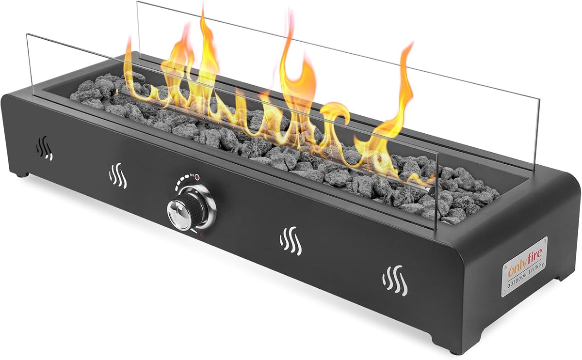 onlyfire braséro, 6,5 kW, Noir, Foyer à gaz rectangulaire de table, chauffage au gaz d'extérieur de avec pierres de lave et pare-vent en verre