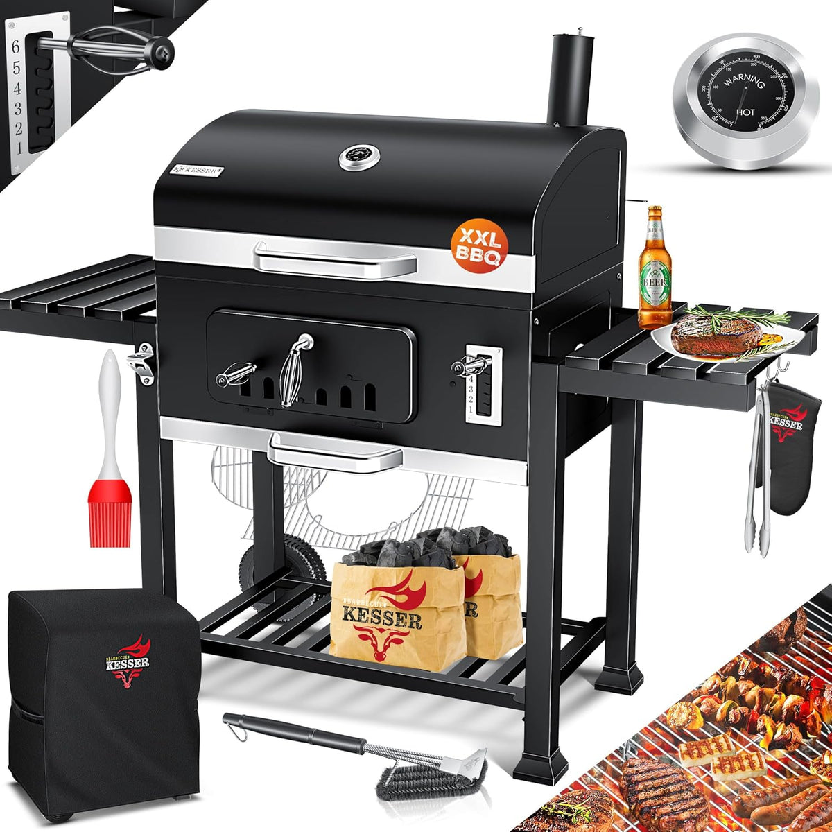 KESSER barbecue à charbon, Noir/Argent, ® Barbecue au charbon de bois XXL, couvercle, poignée en acier inoxydable