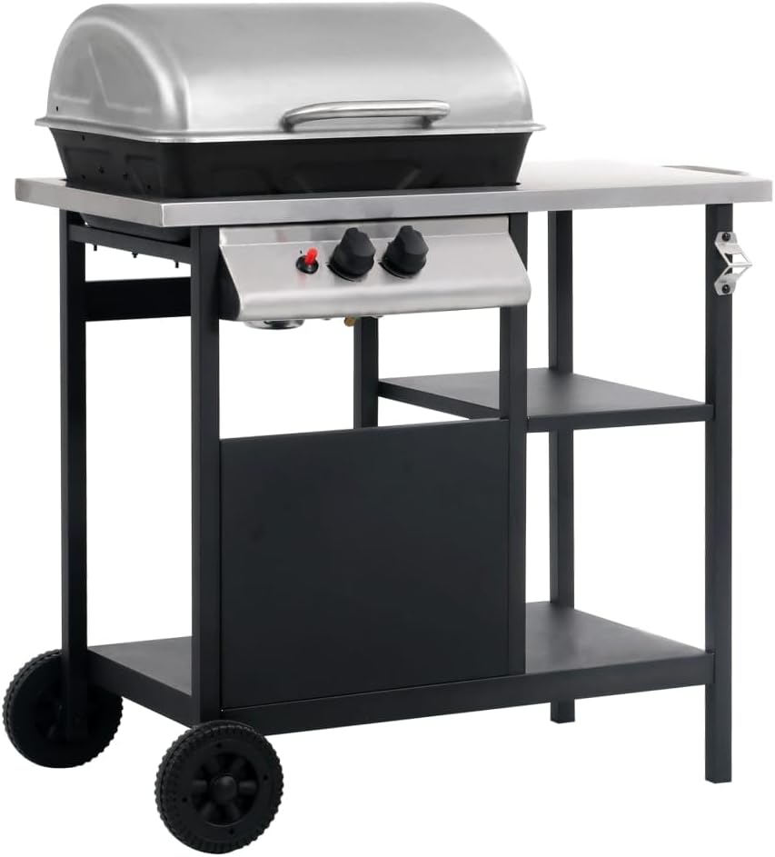Mokuyary Barbecues au gaz naturel, acier enduit de poudre et acier inoxydable, noir et argenté, Chariot à Barbecue pour Terrasse
