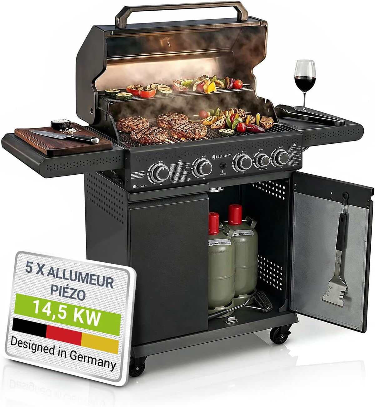 table de cuisson Juskys, 96 x 42 cm, Noir, plaque de cuisson, meuble bas pour bouteille de gaz