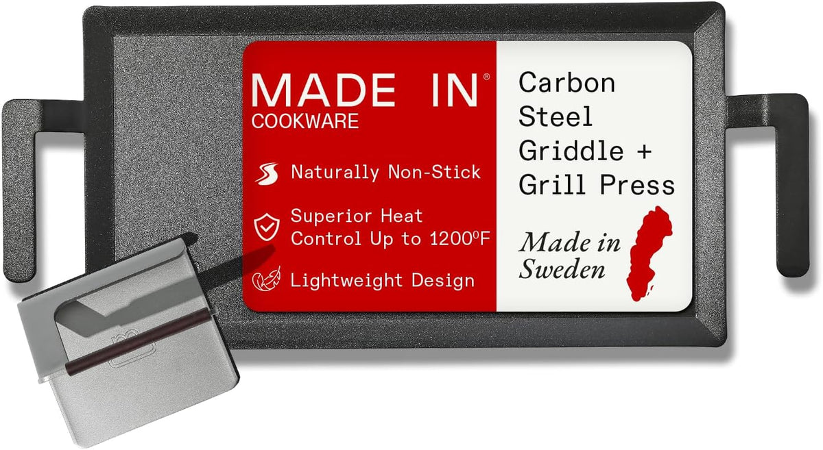 Made In batterie de cuisine, Noir/Gris/Rouge, Cookware, Plaque chauffante en acier au carbone + presse-grill