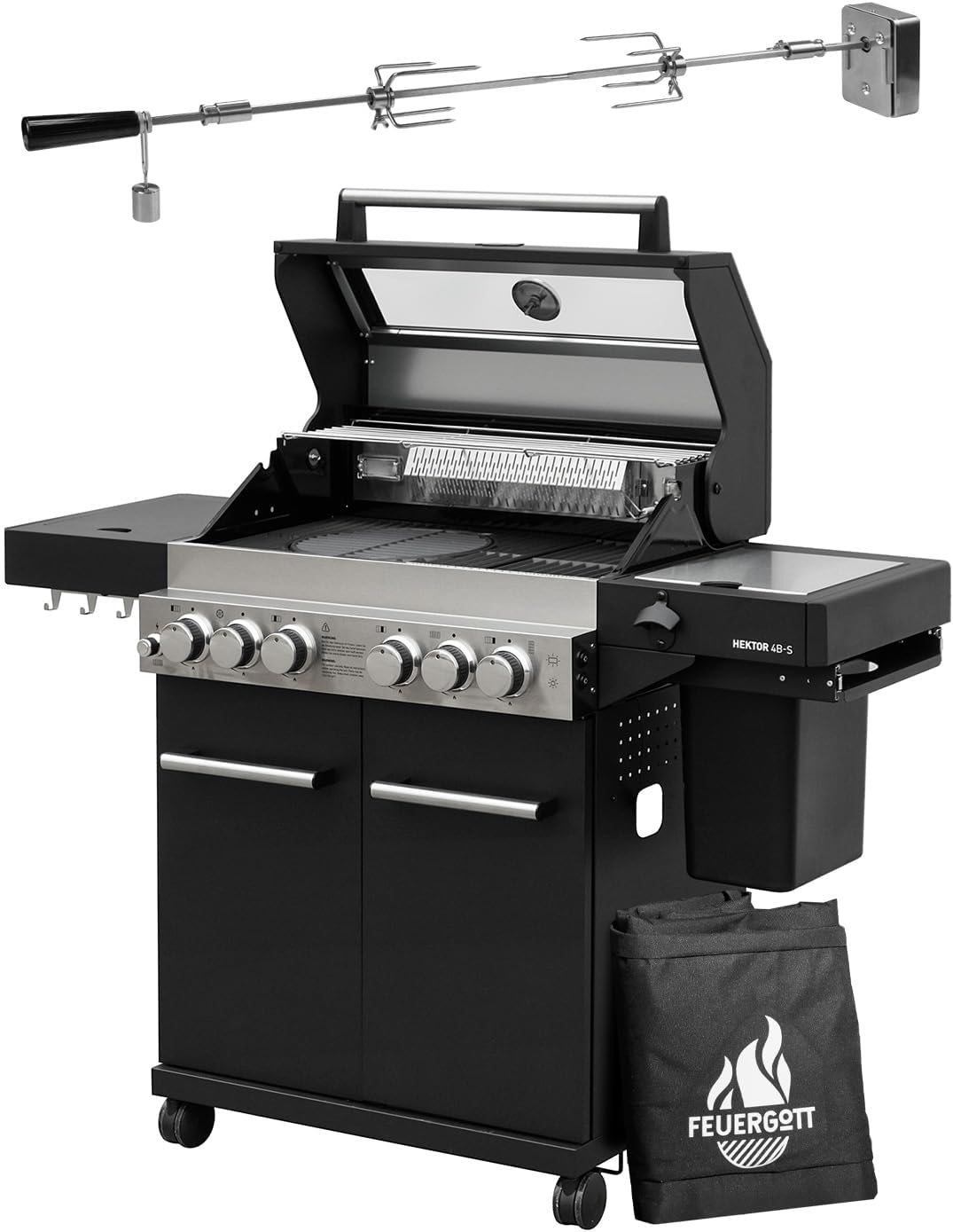 FEUERGOTT Barbecues au gaz naturel, Noir/Argent, brûleur Sear, grille en fonte, brûleur arrière, réchaud latéral