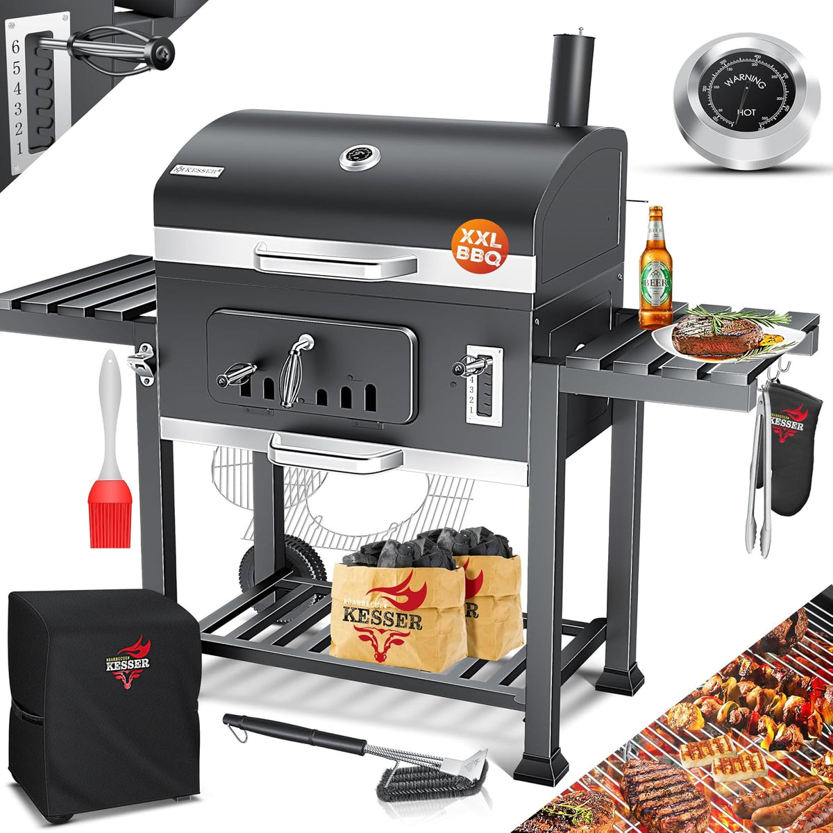 KESSER barbecue à charbon, Noir/Argent/Rouge, ® Barbecue au charbon de bois XXL, couvercle, poignée en acier inoxydable