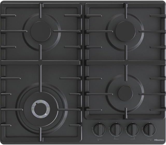 Hisense Plaques de cuisson, 60 cm, Noir, GM663BHF Plateau de cuisson à gaz, 4 zones de cuisson, brûleur Wok double couronne et grilles en fonte