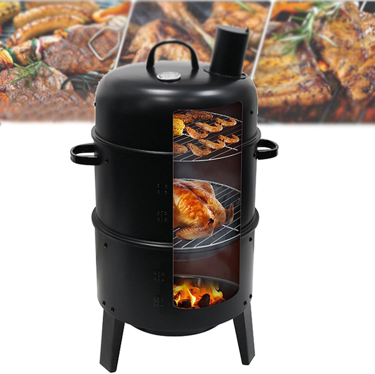 HWYYLXS barbecue à charbon, 52 X 41 X 86 Cm, MéTal, Noir (Comme Sur L'Image), Gril D'ExtéRieur avec ThermomèTre Et CheminéE IntéGréS