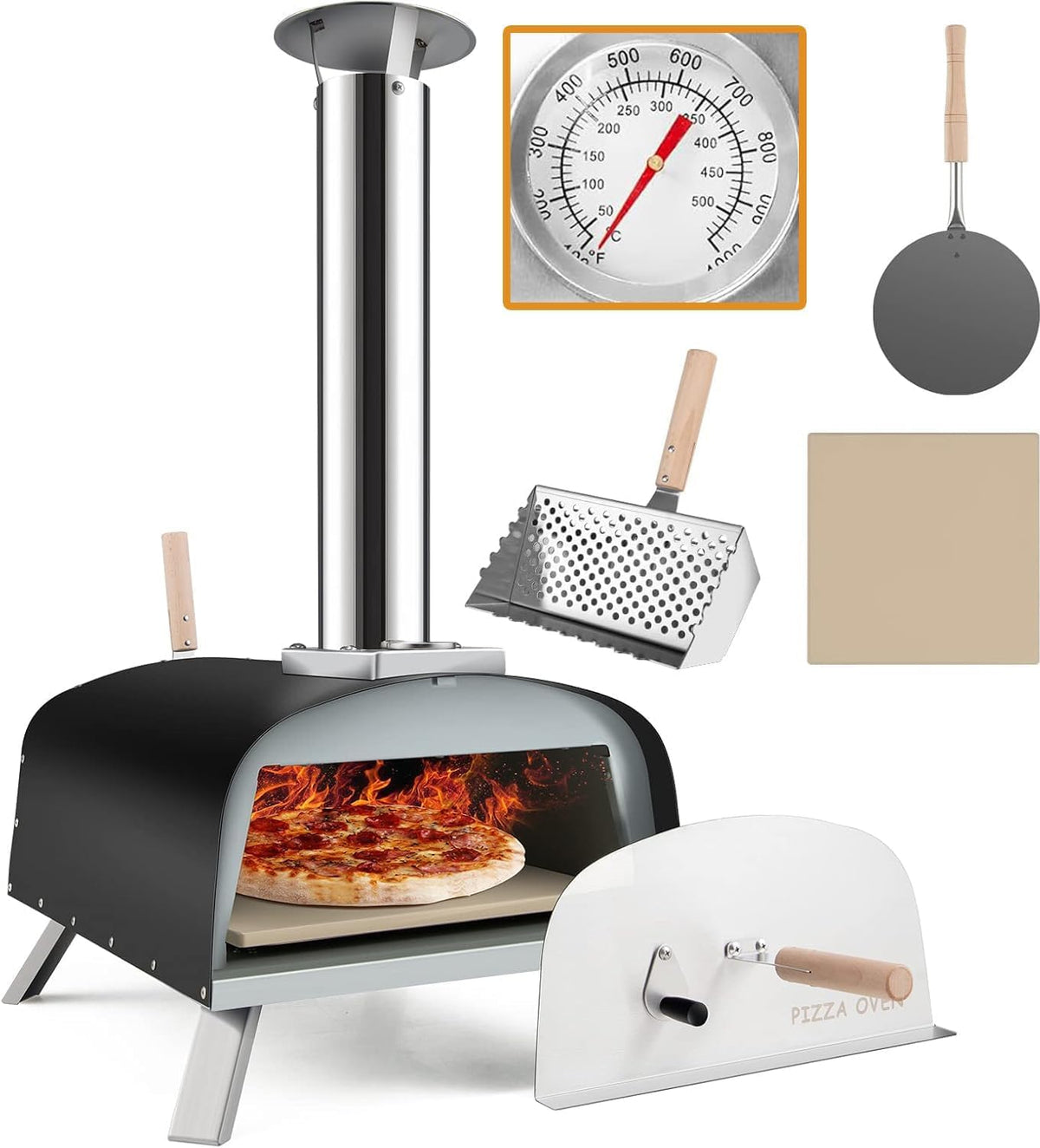 GYMAX four à pizza, 33CM, Fer, Argent+Noir, à Bois ou à Pellet Extérieur, Thermomètre, Température Max. 450 ℃