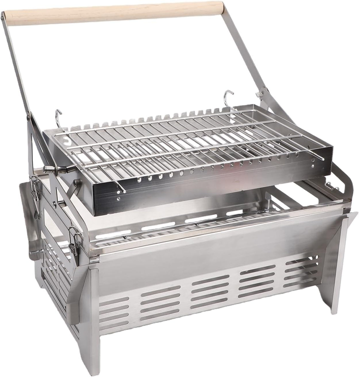 Fockety barbecue à charbon, Argent/Bois, Barbecue rotatif à 360°, barbecue au charbon de bois en acier inoxydable avec gants