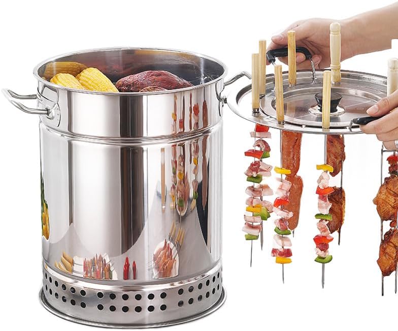 Barbecue barbecue à charbon, 39,1 cm, Argent, à charbon de bois en acier inoxydable, Fumoir vertical portable avec 28 brochettes et accessoires