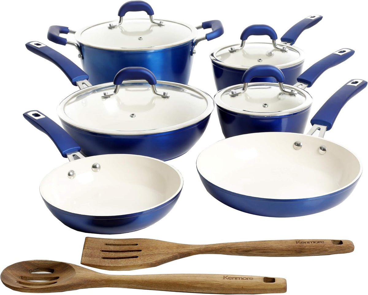 Kenmore batterie de cuisine, Bleu Métallisé/Blanc, 124985.12 en aluminium forgé, bleu métallique