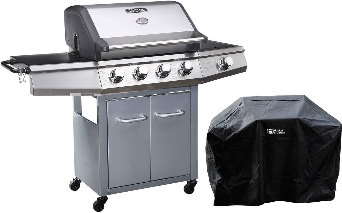 Habitat et Jardin Barbecues à gaz, 15.2 kW, Argent/Noir, Barbecue gaz avec LED Bingo 5, 5 Brûleurs Dont 1 Latéral