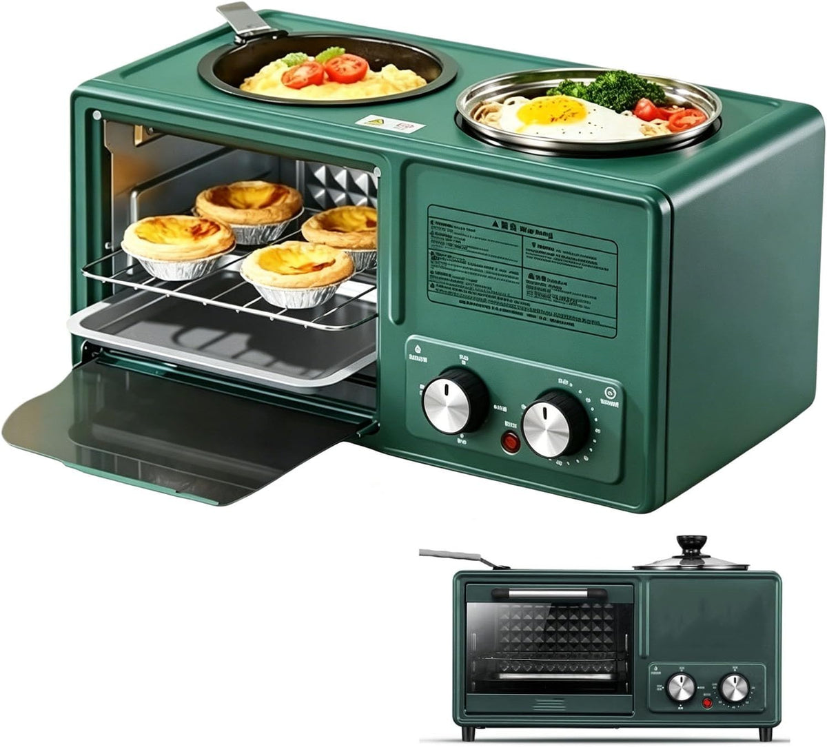 Station Poêles à frire, 1600 W, 220 V, 1600 W, 10 L, Vert, de Petit-déjeuner 4 en 1, Machine Multifonctionnelle avec Poêle