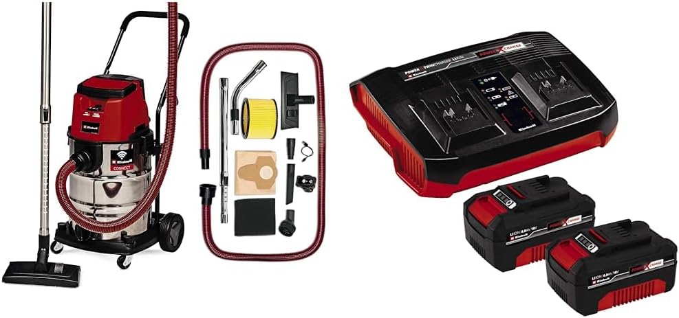 Einhell aspirateur eau et poussière, 36 V, 4,0 Ah, Noir, fonction de connectivité Auto-Start, ECO/BOOST) avec Twincharger et 2 Batteries