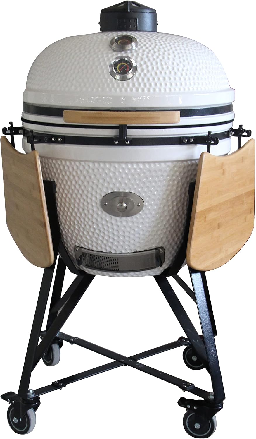 YNNI KAMADO fumoir, Blanc/Noir, TQ0C25WH Grille sur mesure XL avec chariot et tables en bambou, chargeur à frites