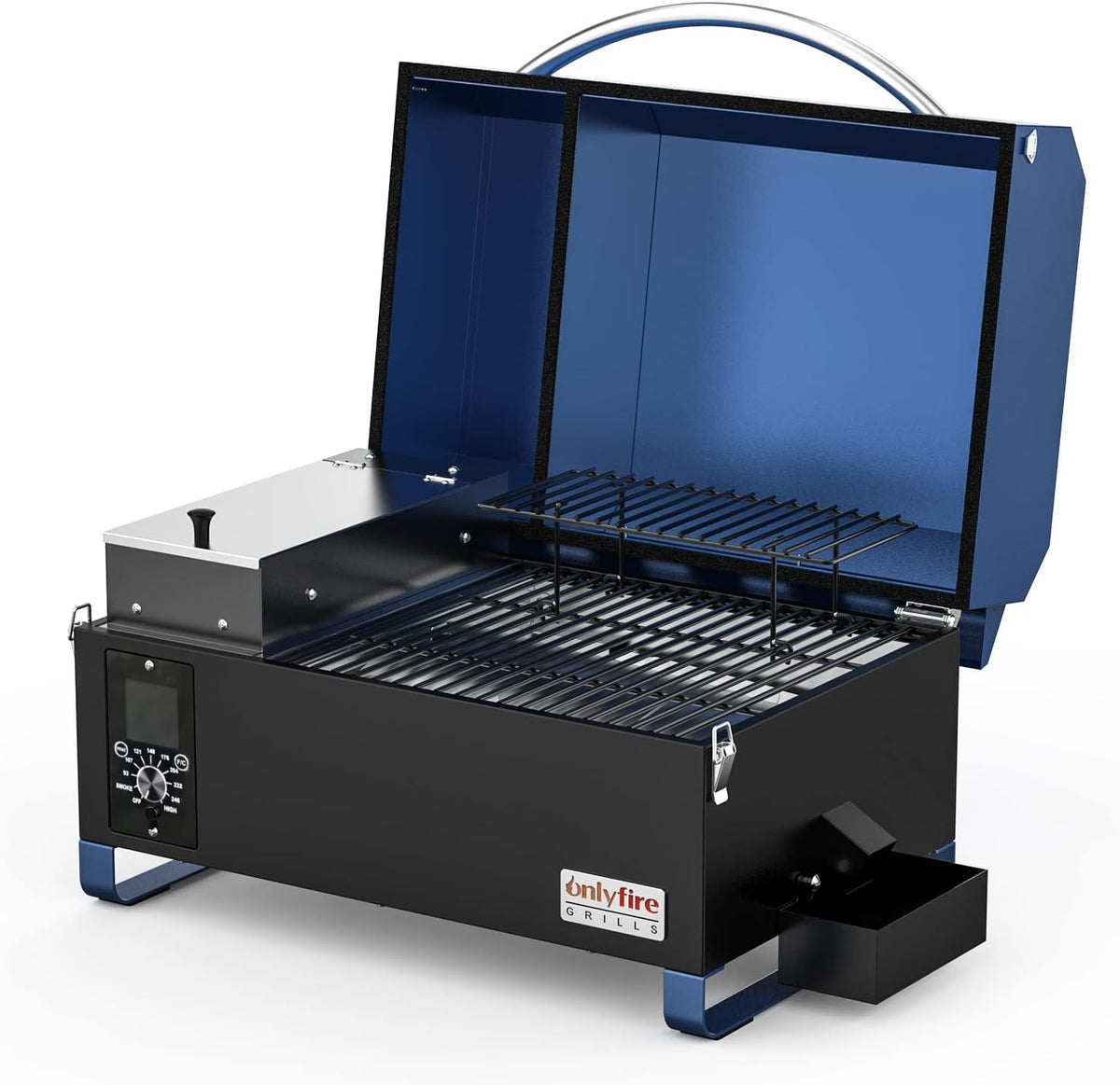 onlyfire fumoir, 54,5 x 35,5 x 34 cm, Noir/Bleu, Barbecue à Granulés avec Régulateur de Température, Compact en Inox avec Grille de Réchauffage