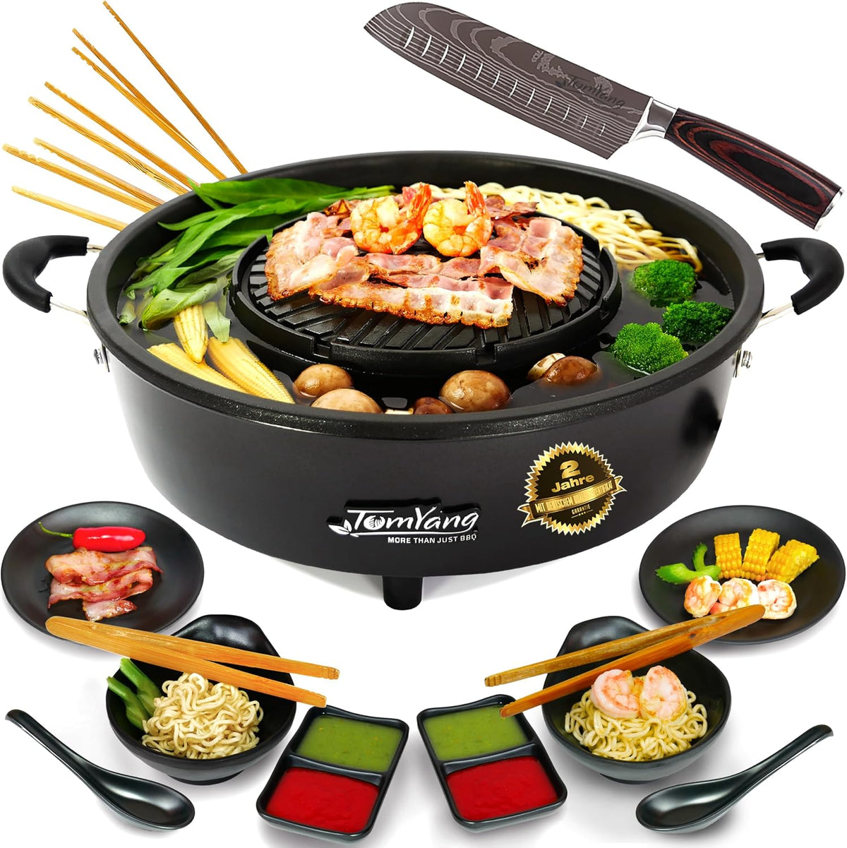TomYang Électroménager spécialisé, Noir, Hot Pot électrique avec accessoires Premium, Couteau Santoku, 6 pinces de grillade
