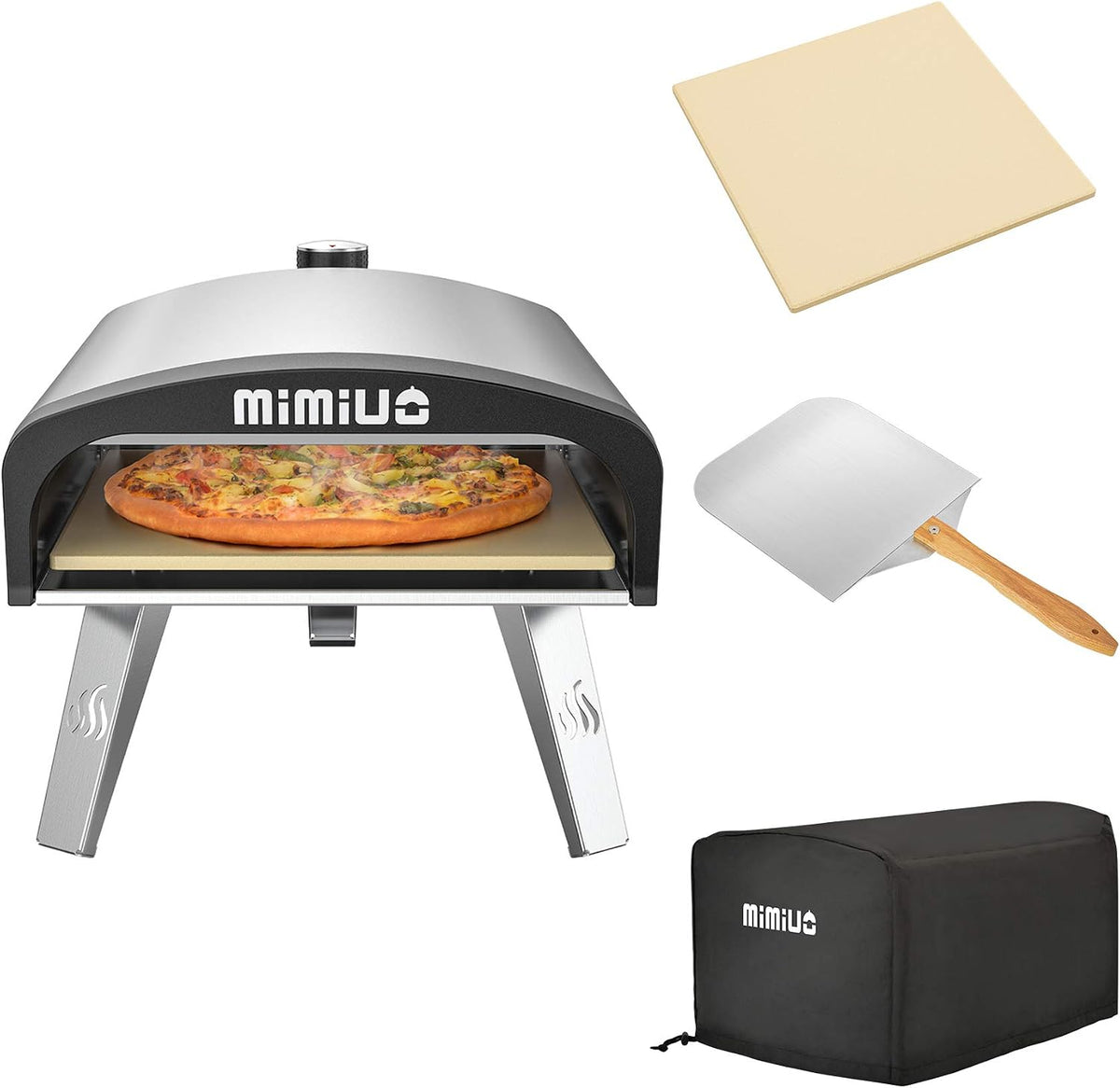 Mimiuo four à pizza, 68,6 x 43,2 x 25,4 cm, 30,5 x 35,6 cm, Argent/Noir, d'extérieur au gaz avec régulateur de gaz britannique