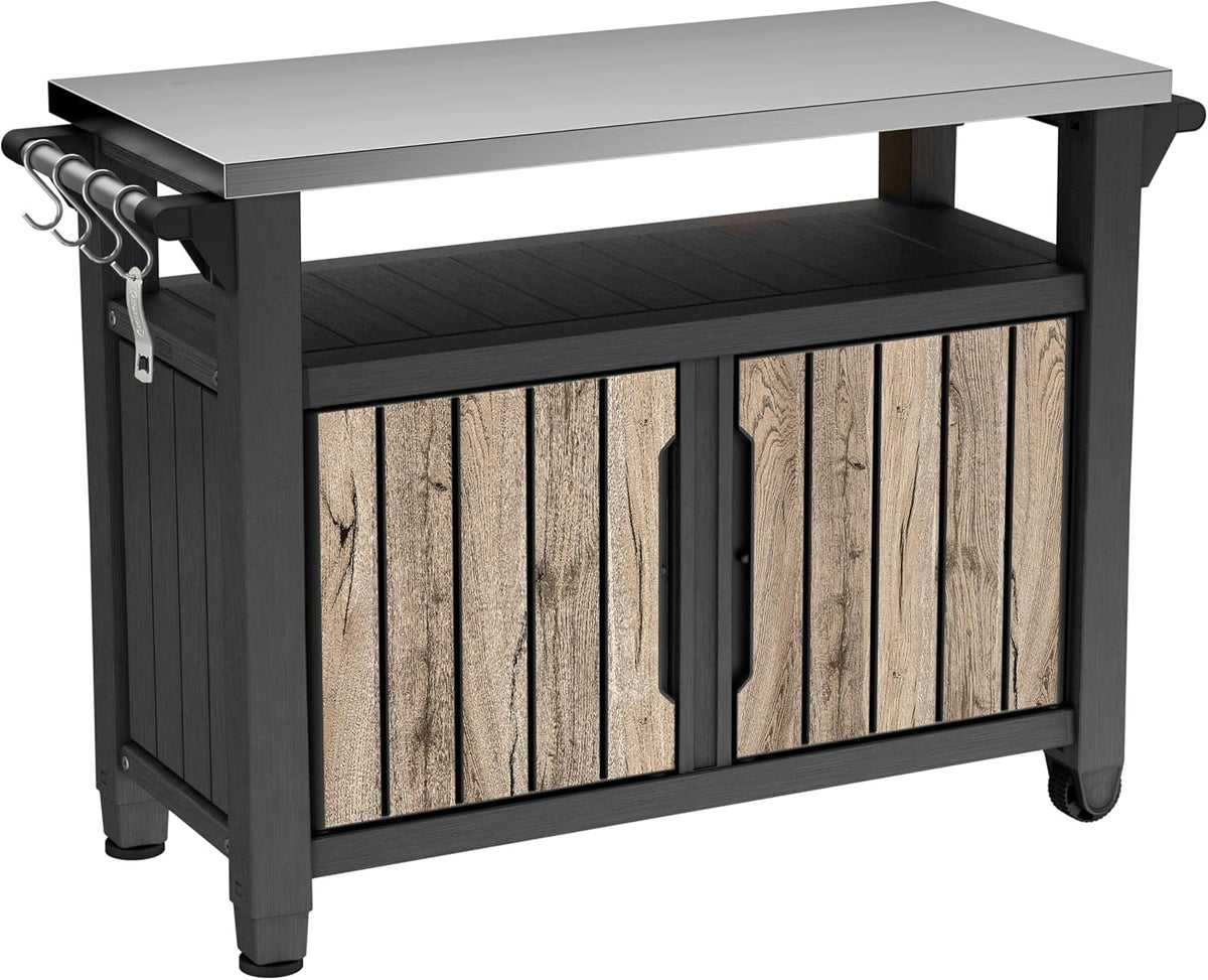 Keter Tables de service, 298 litres, Noir/Beige, Table de barbecue Unity XL, Table de service aspect bois de pin