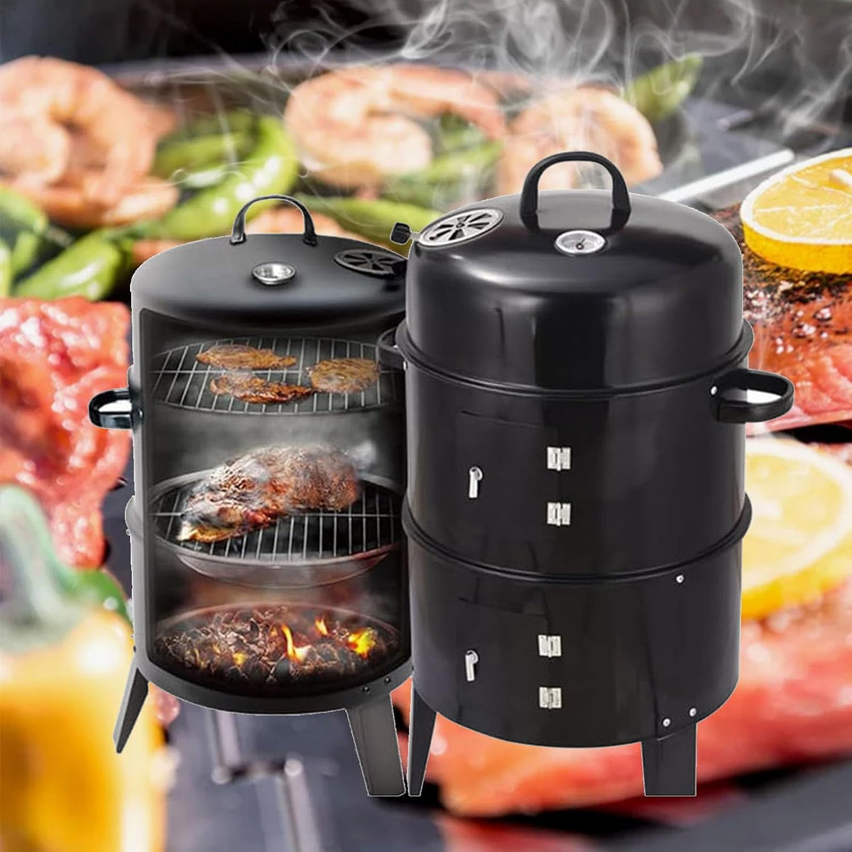 Barbecue barbecue à charbon, Noir, au charbon de bois robuste, design vertical