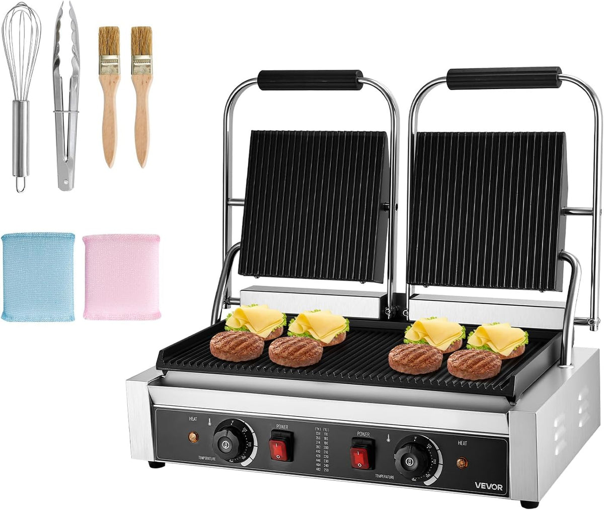 VEVOR Grills électriques, 580 x 415 x 215 mm / 22,8 x 16,3 x 8,5 pouces, 3600 W, 48,5x23 cm, Noir/Argent, Gril Panini Électrique