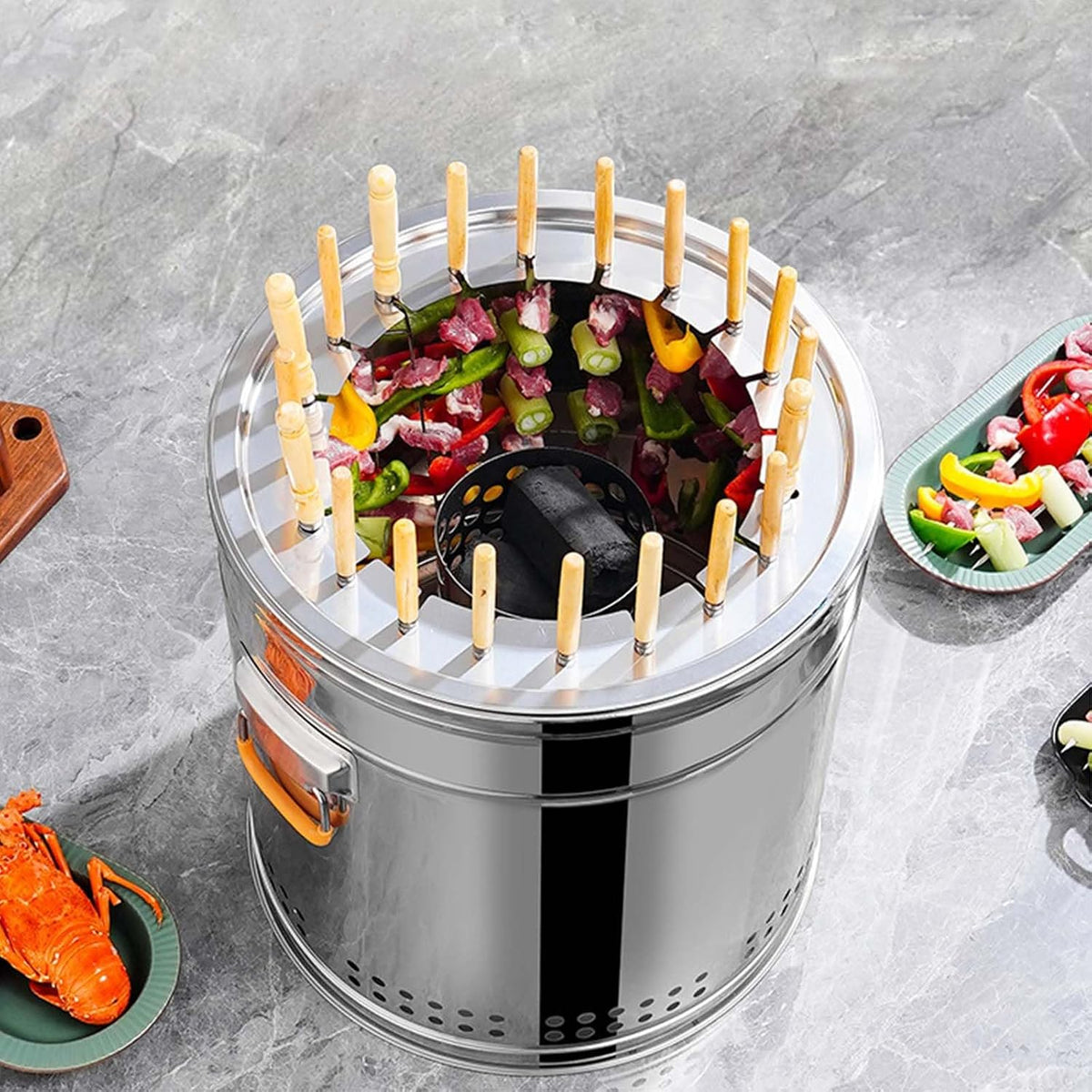 Barbecue barbecue à charbon, Argent/Orange, à charbon de bois sans fumée avec ensemble d'accessoires