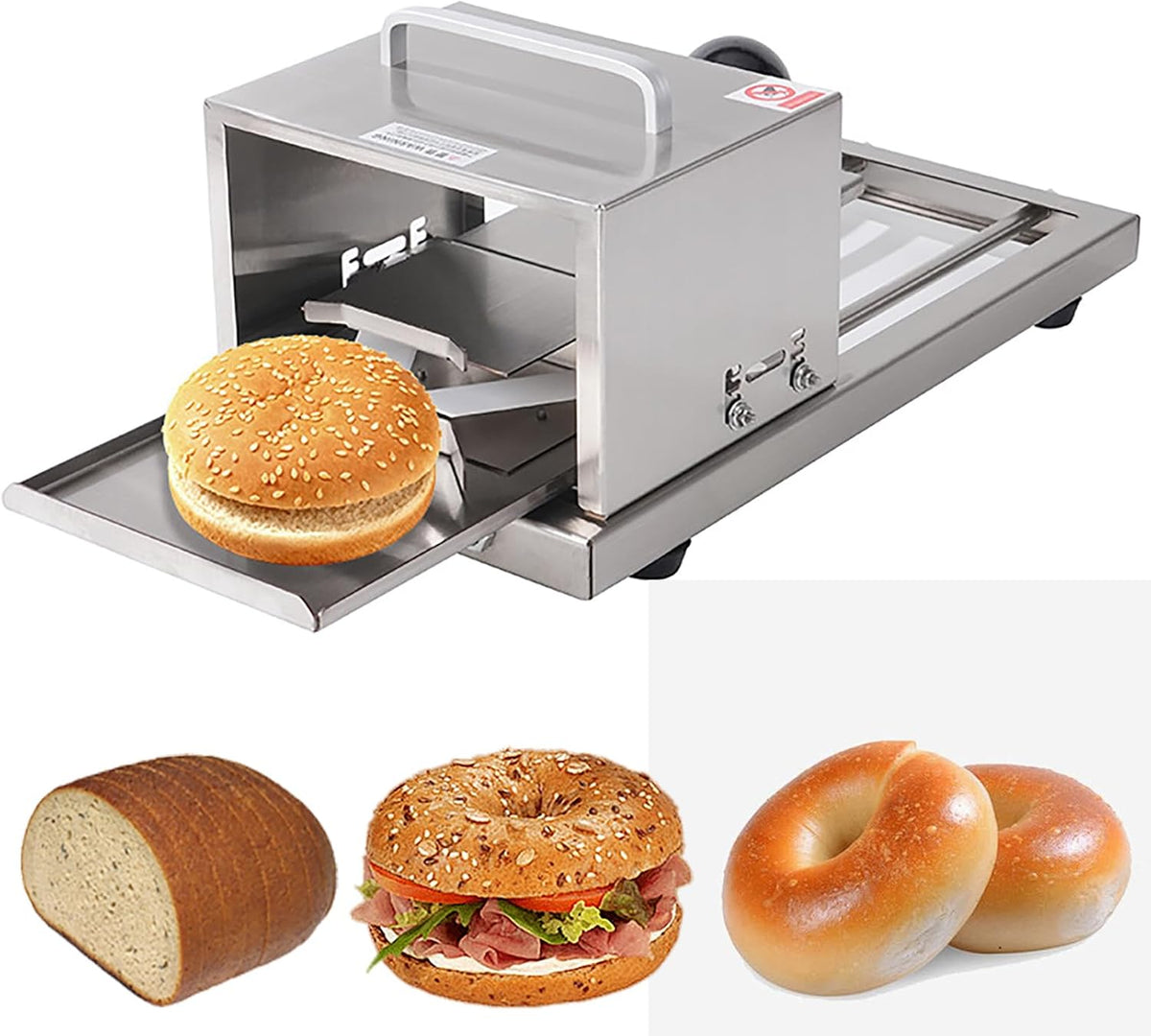 Trancheuse trancheuse électrique, 41 x 19 x 20,5 cm., corps entièrement métallique, lames en acier inoxydable., Argenté, à bagel à hamburger