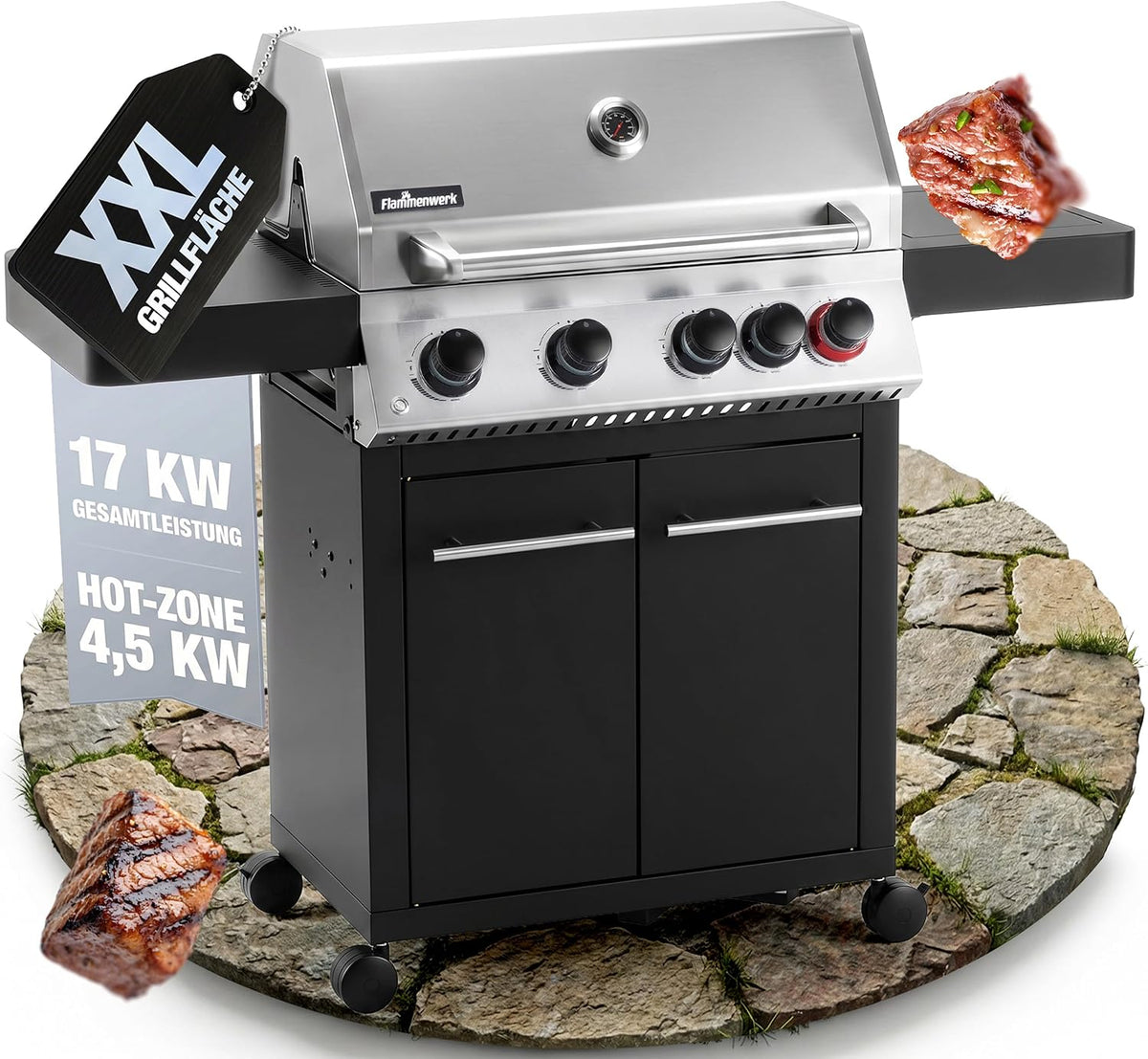 Flammenwerk table de cuisson, 17 kW, Noir/Argent, Barbecue à gaz professionnel 4 + 1 brûleurs - Puissance totale
